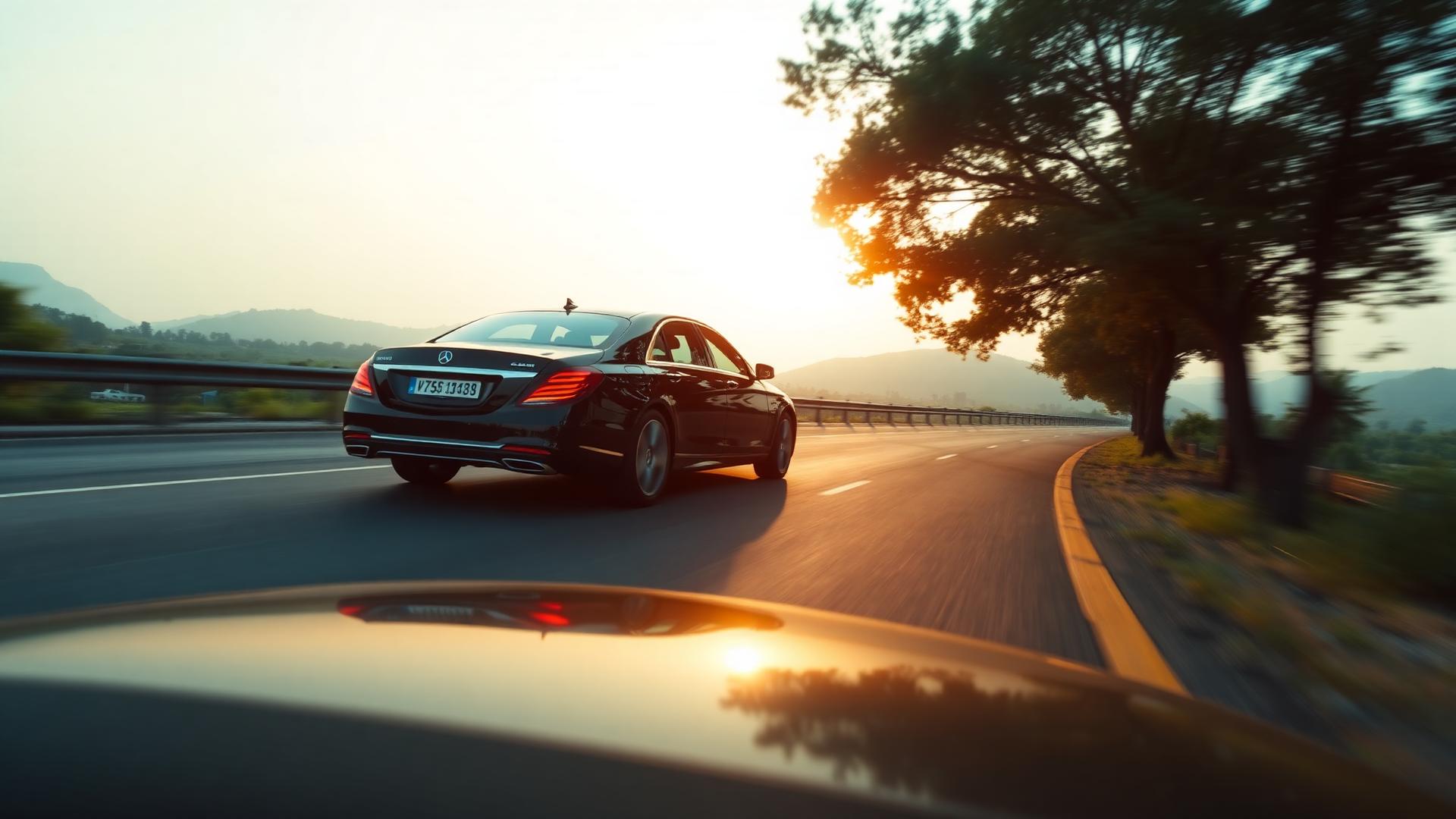 Luxury sedan taxi service in Vadodara driving on a highway at sunset