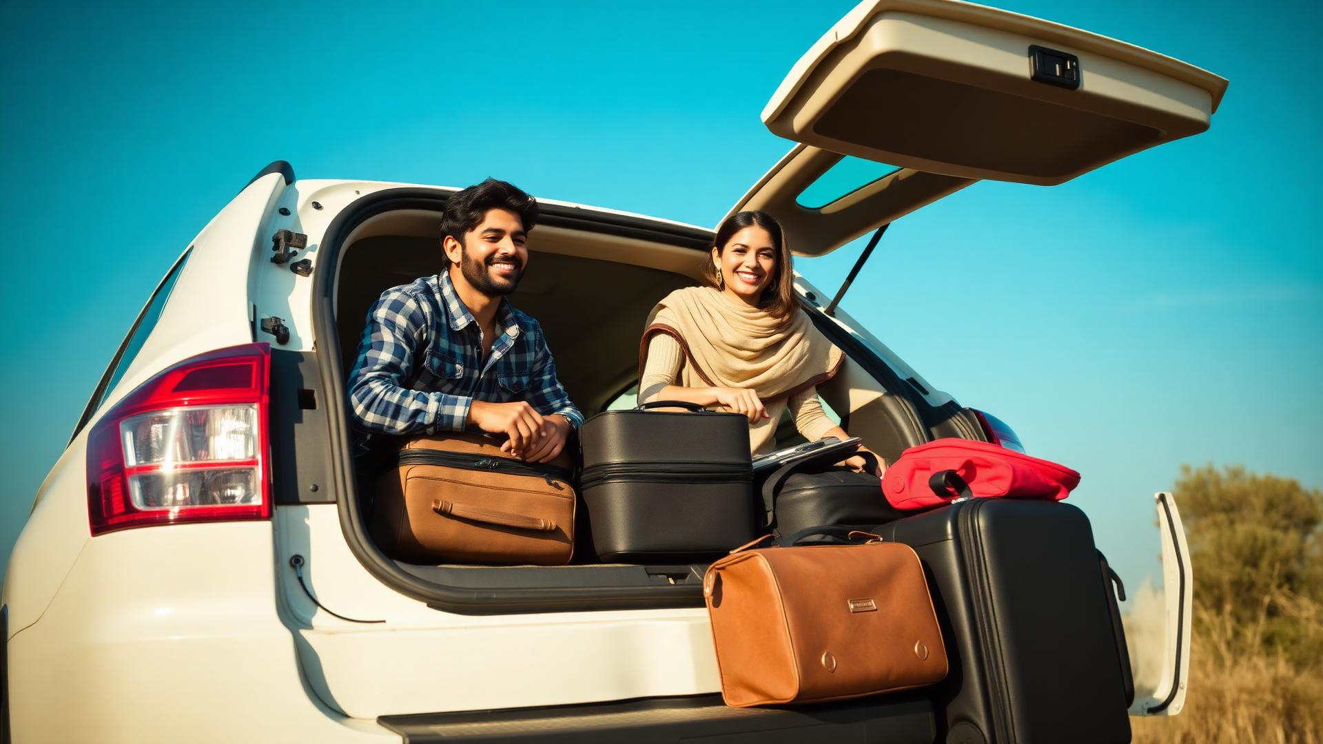 Happy family loading luggage into an SUV for a Gujarat family vacation