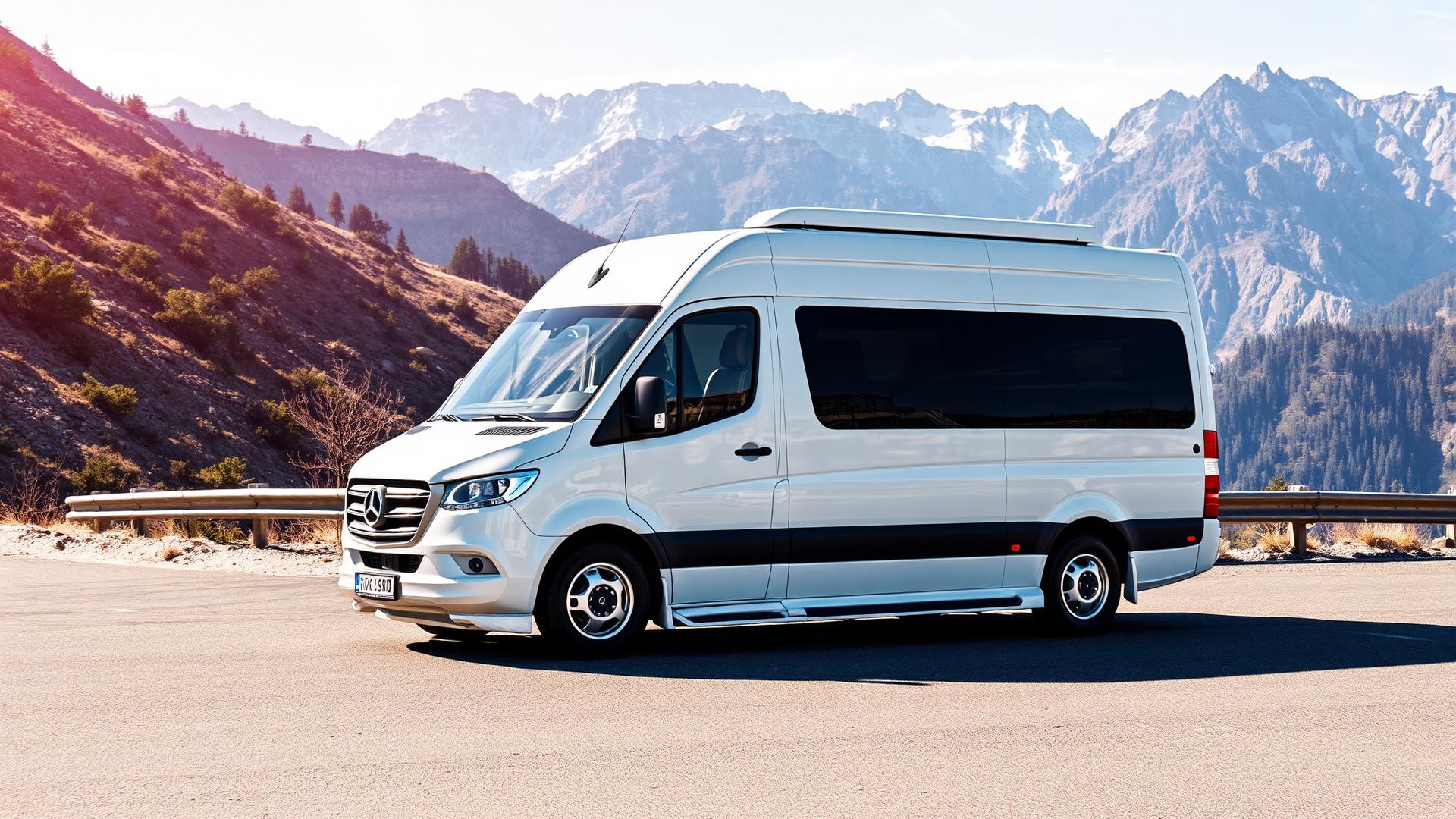 Urbania luxury tempo traveller parked on a scenic mountain road